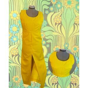 Volup Vintage 70s Groovy Hippy Mod Neon Yellow Front Back Slit Maxi Dress XL